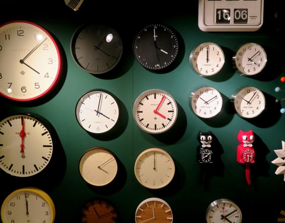 Viele Uhren an einer grünen Wand