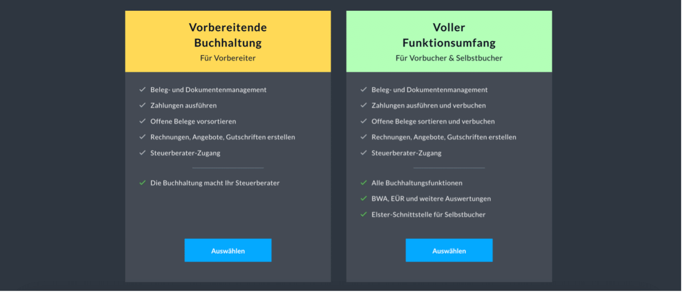 In der Erstkonfiguration bei BuchhaltungsButler könnt ihr zwischen einer vorbereitenden Buchhaltung und dem vollen Funktionsumfang auswählen.