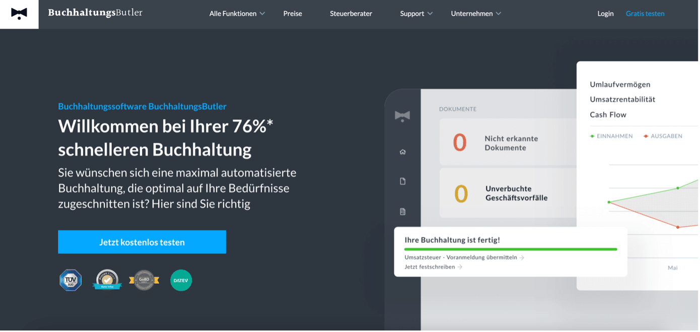 Die Website von BuchhaltungsButler überzeugt mit einem minimalistischen und ansprechenden Design.